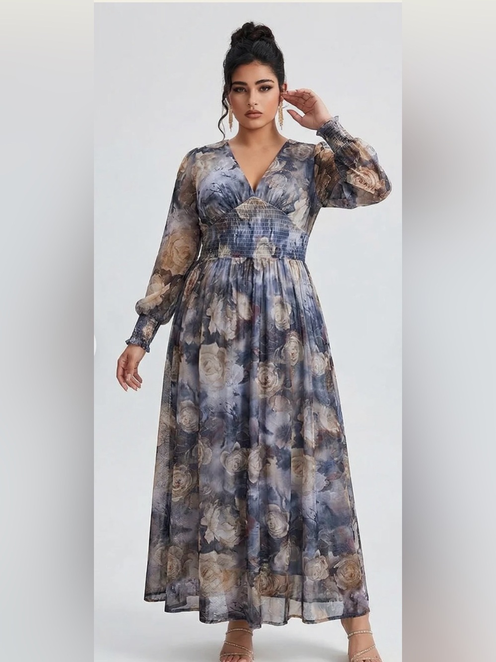 Gray Floral V-Neck Long Sleeve Maxi Dress